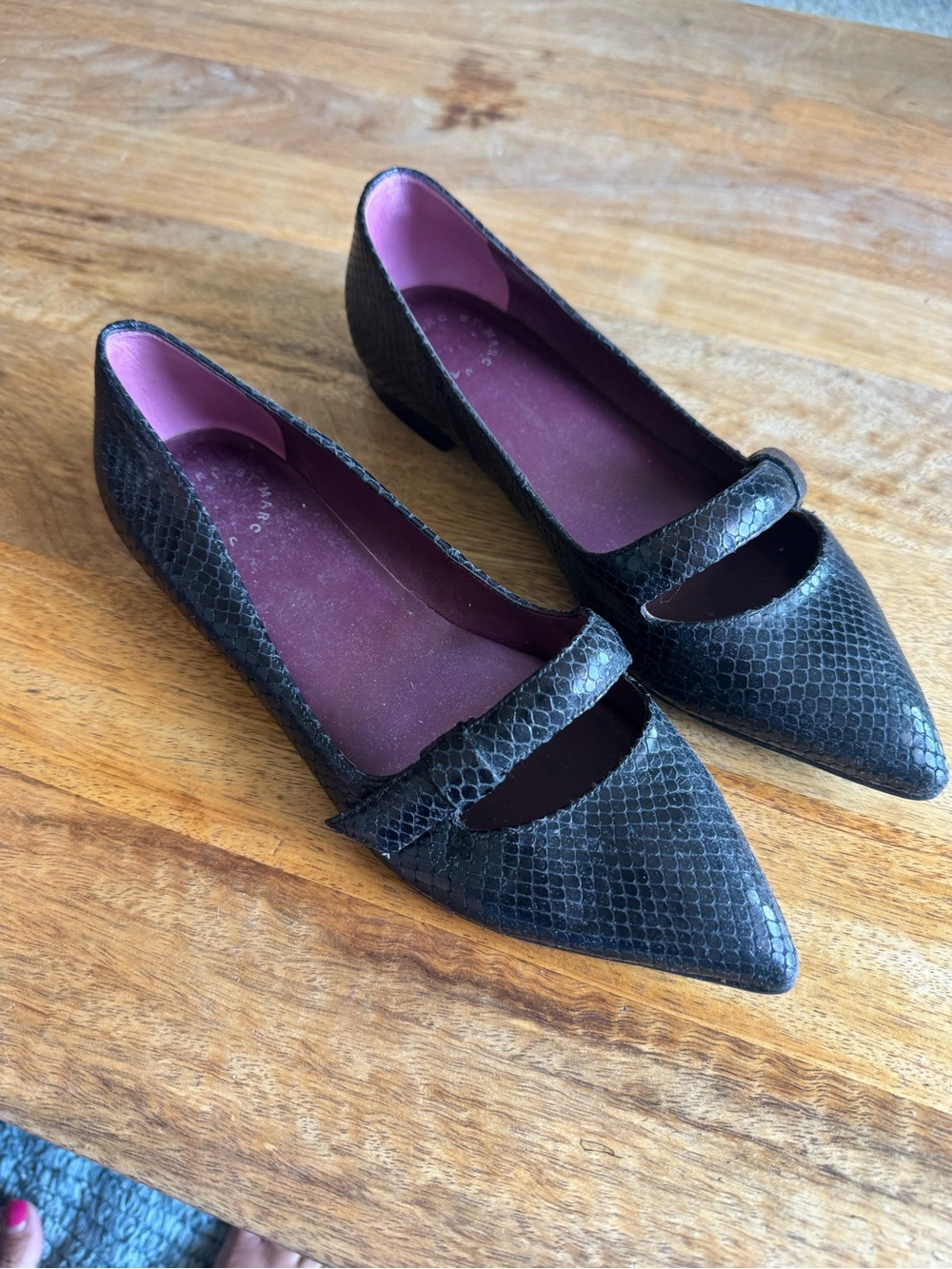 Marc Jacobs Black Pointed Mary Jane Pumps with Subtle Snake Texture
